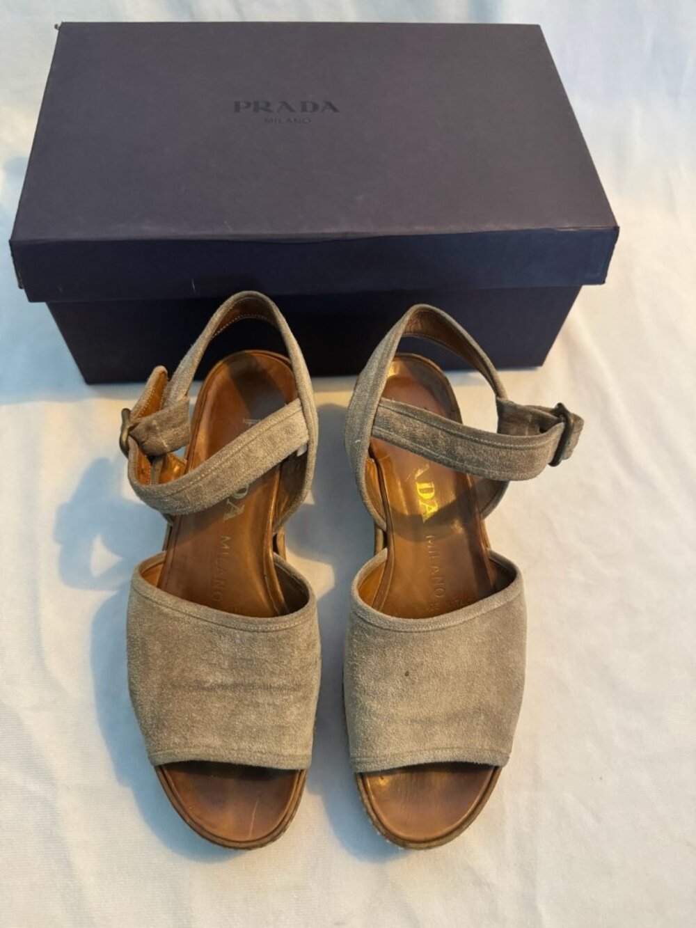 PRADA Milano Beige Suede Platform Wedge Sandals Ankle Strap 37.5 With Box